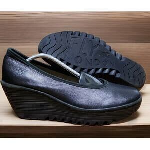 Fly London Wedge Heel Shoes Womens 41 Yalu Black Leather Slip On Comfort Casual
